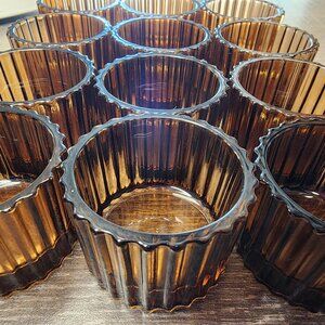 Set of 12 Ribbed Brown Short Glass Votive Candle Holders Vintage Boho Decor